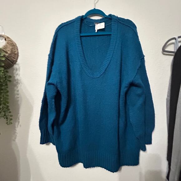NEW Free People Brookside Tunic Oversized Kawaii Teal Sweater Halcyon Blue Sz Lg - Picture 3 of 7